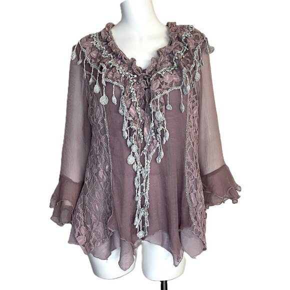 Pretty Angel Top Large Silk Blend Lace Blouse Fairy Steampunk Victorian Crochet - Picture 1 of 16